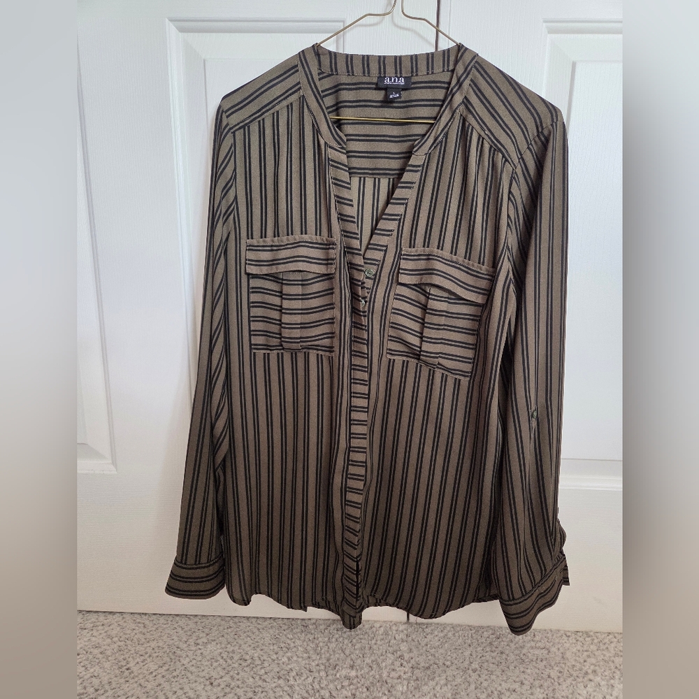 a.n.a Women's Army Green With Black Striped Long Sleeve Dress Blouse.